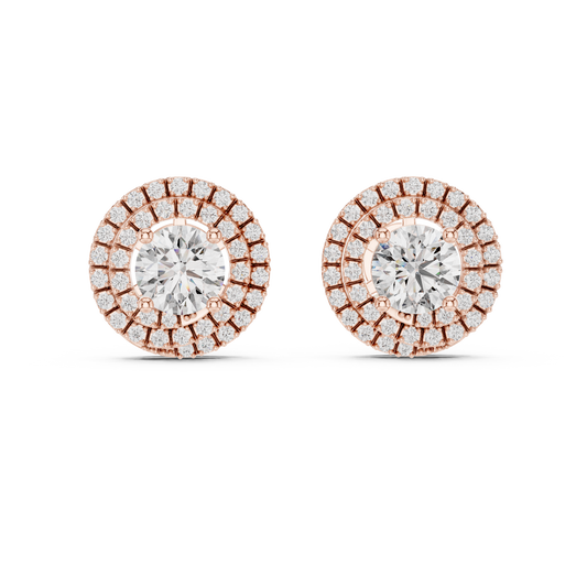 Tiered Double Halo Round Moissanite Diamond Stud Earrings - View 2