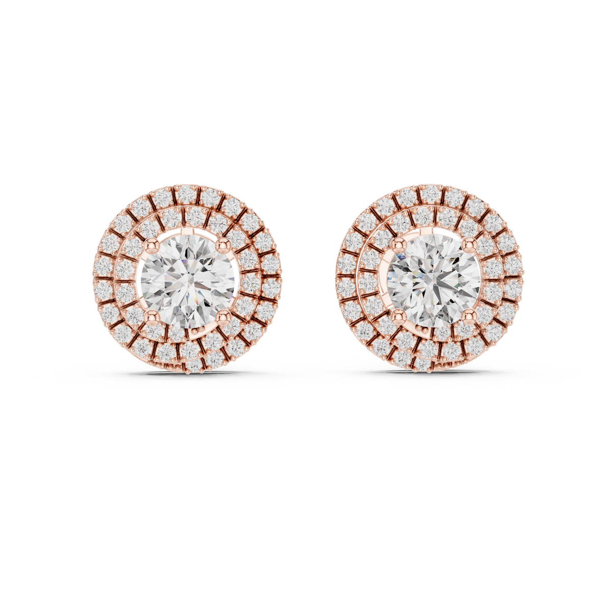 Tiered Double Halo Round Lab Grown Diamond Stud Earrings - View 2
