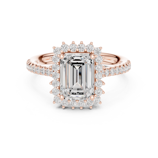 Emerald Cut Halo Lab Grown Diamond Ring with Pave Band - View 2