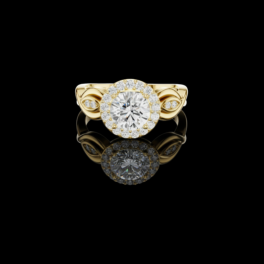 Round Cut Halo Moissanite Diamond Ring with Sculpted Petal Accents
