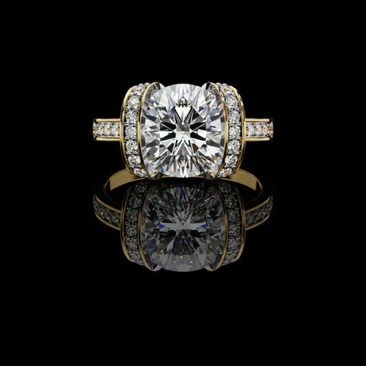 Round Cut Moissanite Diamond Ring with Pave Gallery and Accent Band
