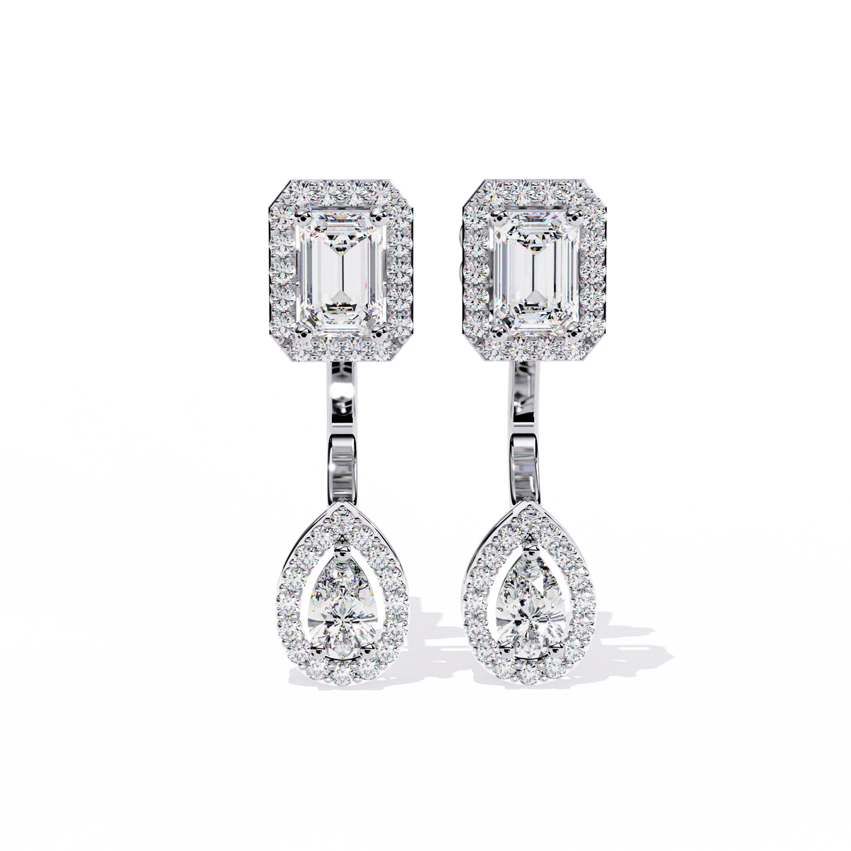 Sophisticated Emerald Halo Top with Pear Halo Drop Lab Diamond Earrings in Gold - View 6