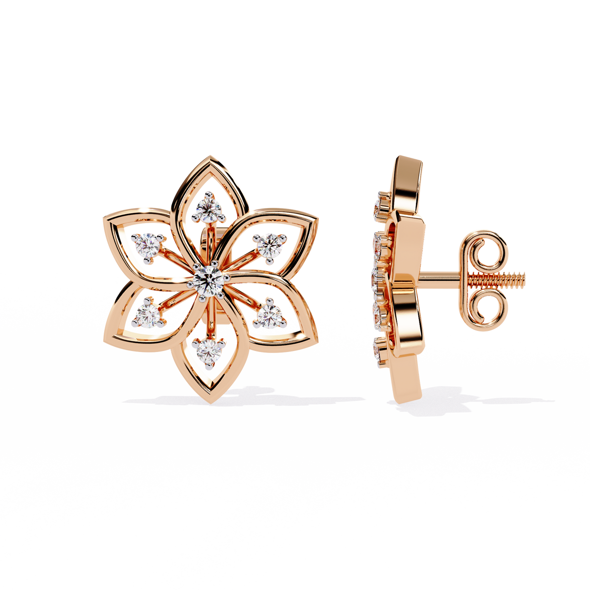 Lotus Lab Diamond Round Center Floral Stud Earrings with Round Side Stones - View 5