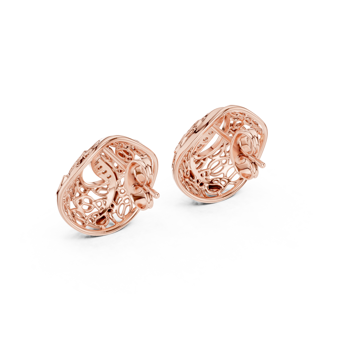 Artisan Filigree Wave Round Moissanite Diamond Stud Earrings with Curved Pave Accent - View 8