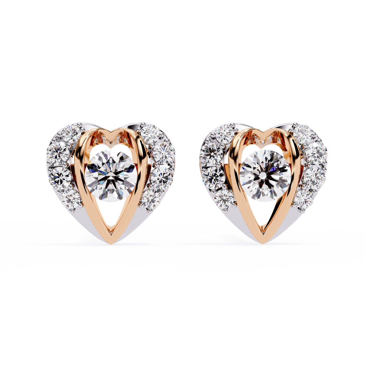 Heart Shaped Moissanite Diamond Stud Earrings with Round Center Stone and Pave Accents - View 2