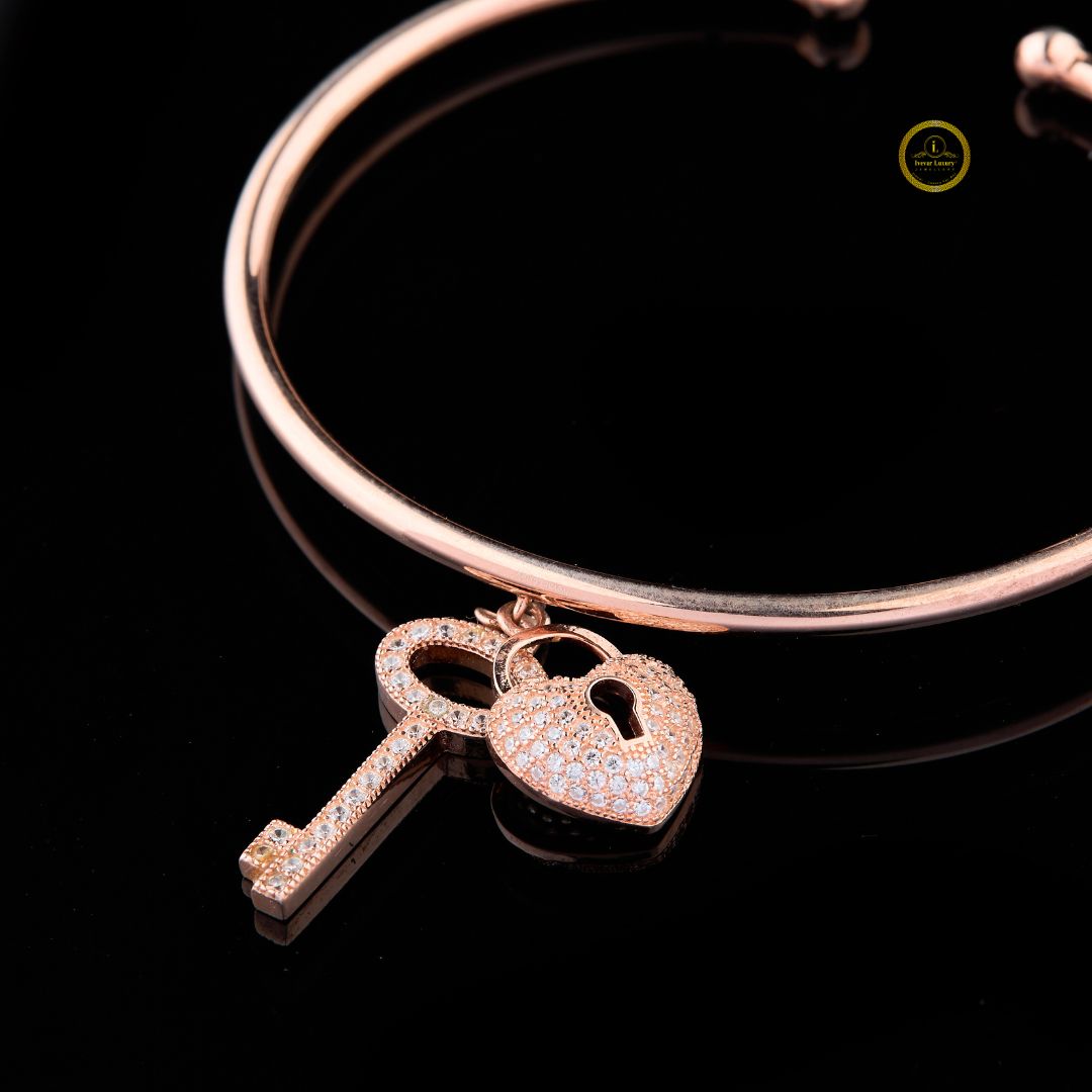 Round Lab Diamond Heart Lock Key Charms Open Torque Bangle Bracelet - View 2