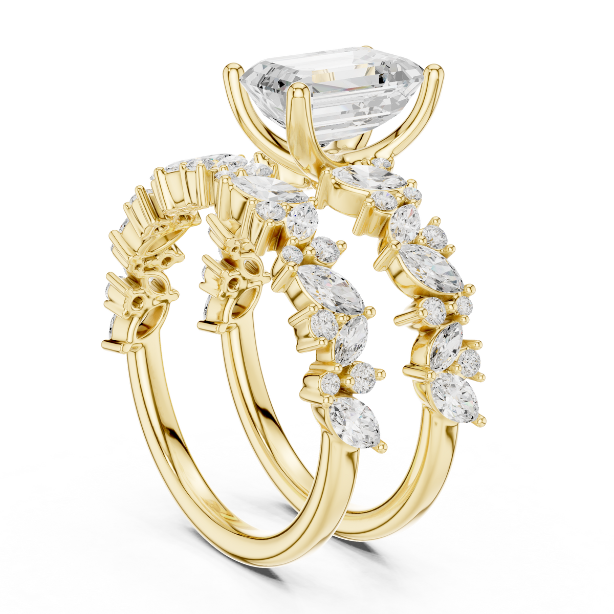 Emerald Cut Moissanite Diamond Women's Marquise Cluster Bridal Ring Set - View 10