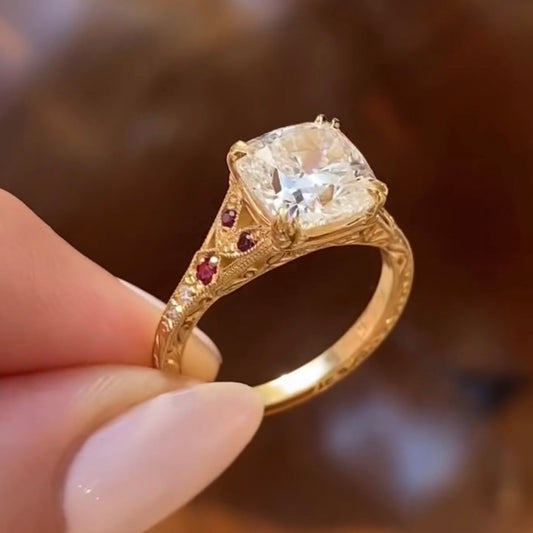 Vintage Cushion Cut Lab Diamond Engagement Ring With Ruby Filigree Accents - View 2