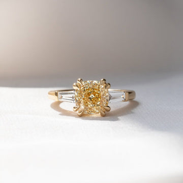 Fancy Yellow Cushion Lab Diamond With Side Baguette Diamond Ring
