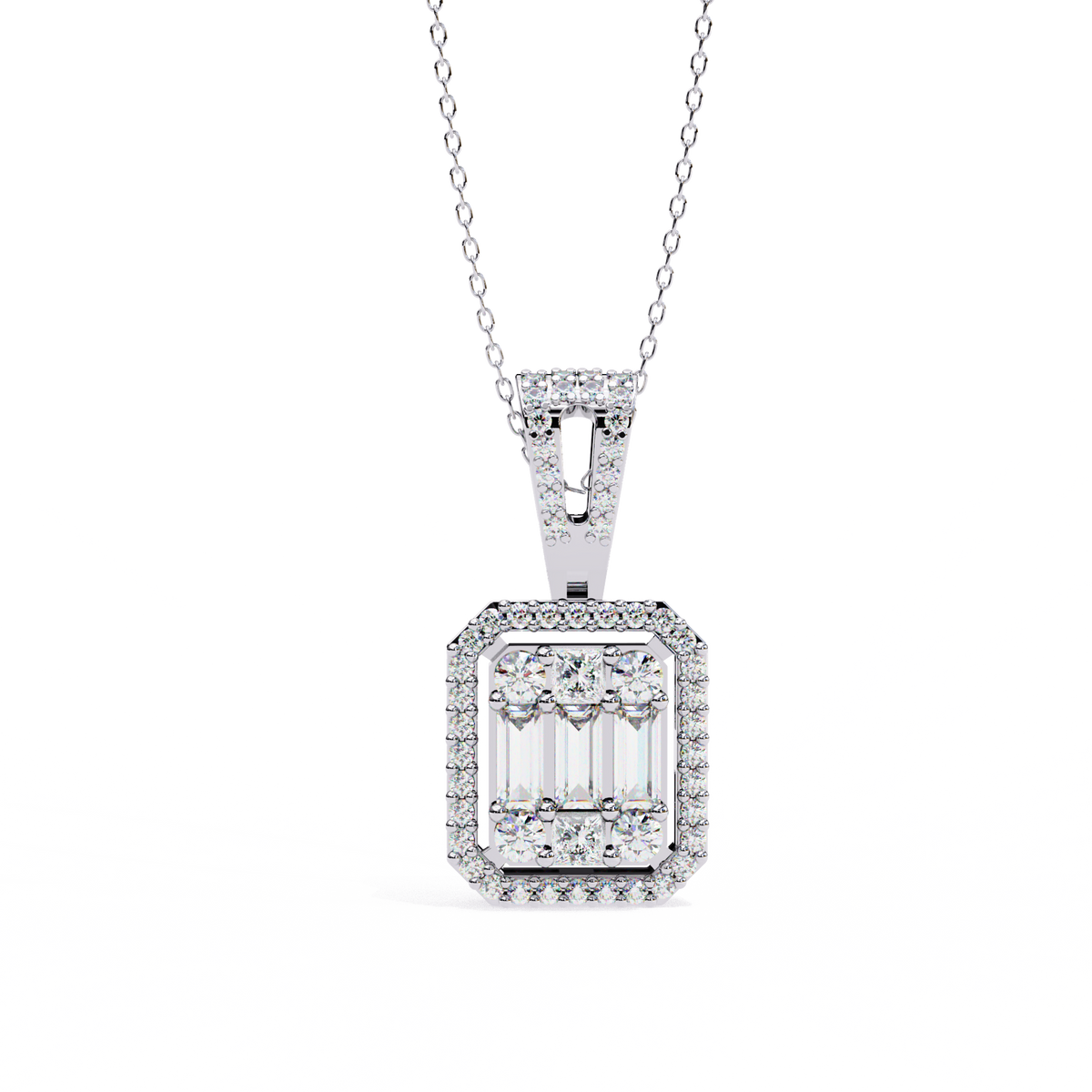 Multi Cut Moissanite Diamond Cluster Rectangle Halo Pendant Pave Bail - View 5