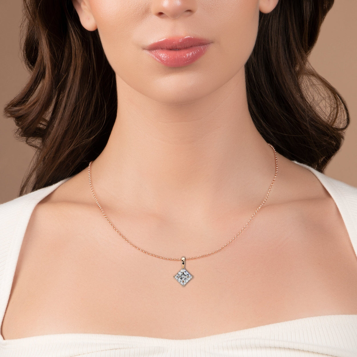 Contemporary Orientated Princess Moissanite Diamond V Prong Pendant - View 11