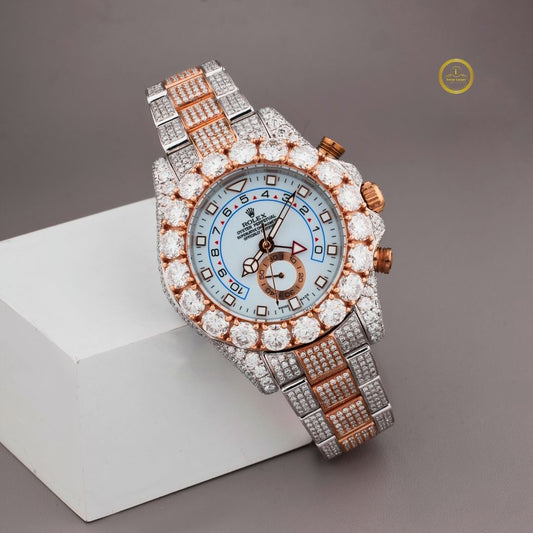 Luxurious Rose Gold and Silver Moissanite Diamond-Embellished Chronograph Watch with Intricate Pave Setting and Bold Statement Bezel
