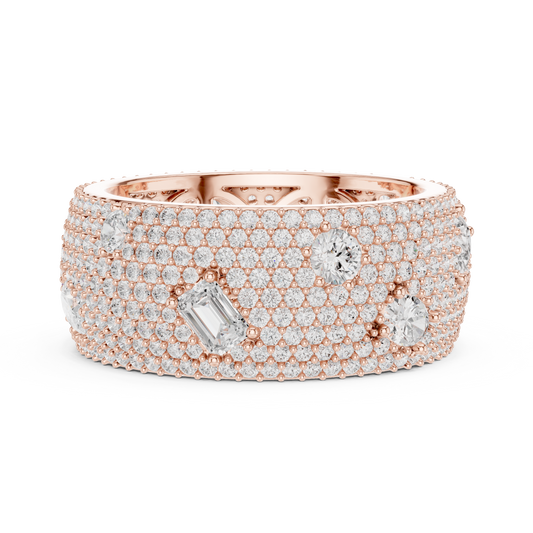 Round Pave Lab Diamond Wide Statement Band with Emerald Accents - View 2