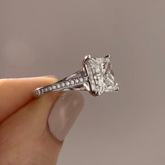 Princess Cut Moissanite Diamond Pave Cathedral Engagement Ring - View 2