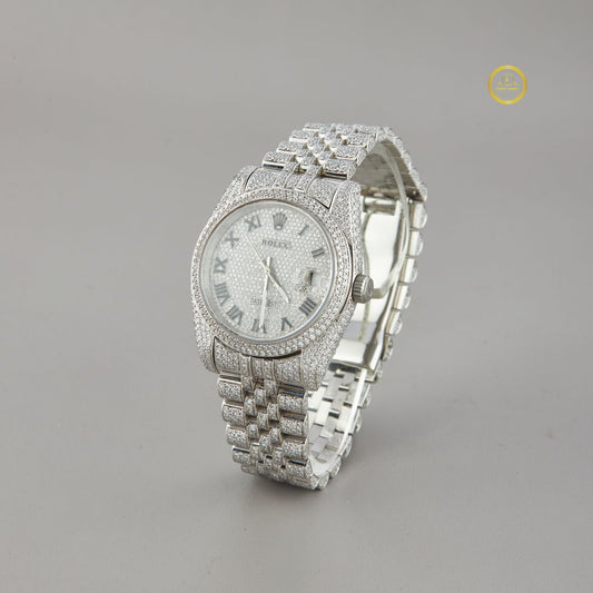 Luxury All-Silver Lab Grown Diamond Timepiece with Paved Dial and Roman Markers For Him