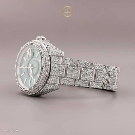 Prestige Iced-Out Moissanite Diamond Silver Watch with Bold Green Face and Date Display For Men