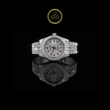 Excellent Fully Iced-Out Lab Diamond Edition with Silver Dial, Red Arabic Numerals, and Custom Diamond Bracelet