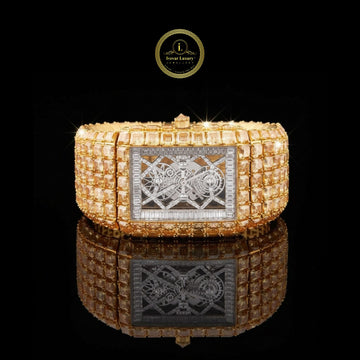 Imperial Majesty Full Gold Moissanite Diamond Luxury Watch with Baguette and Princess Cut Stones