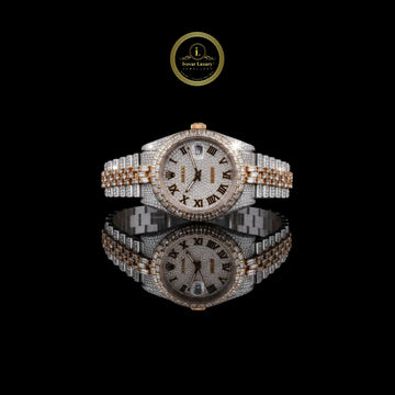Imperial Gold and Silver Lab Diamond Encrusted Roman Luxury Timepiece with Full Pavé Dial and Baguette-Cut Detailing