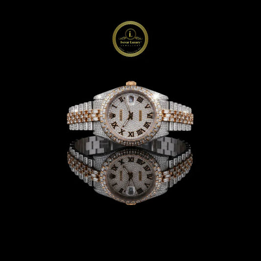 Executive Black Stainless Steel And Full Ice Out Moissanite Diamond Two Tone Luxury Watch Set For Men's By Ivevar