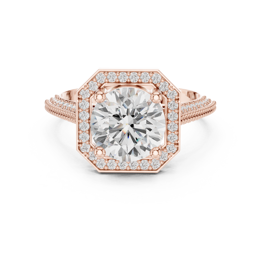 Round Diamond Octagonal Halo Moissanite with Split Pave Band - View 2