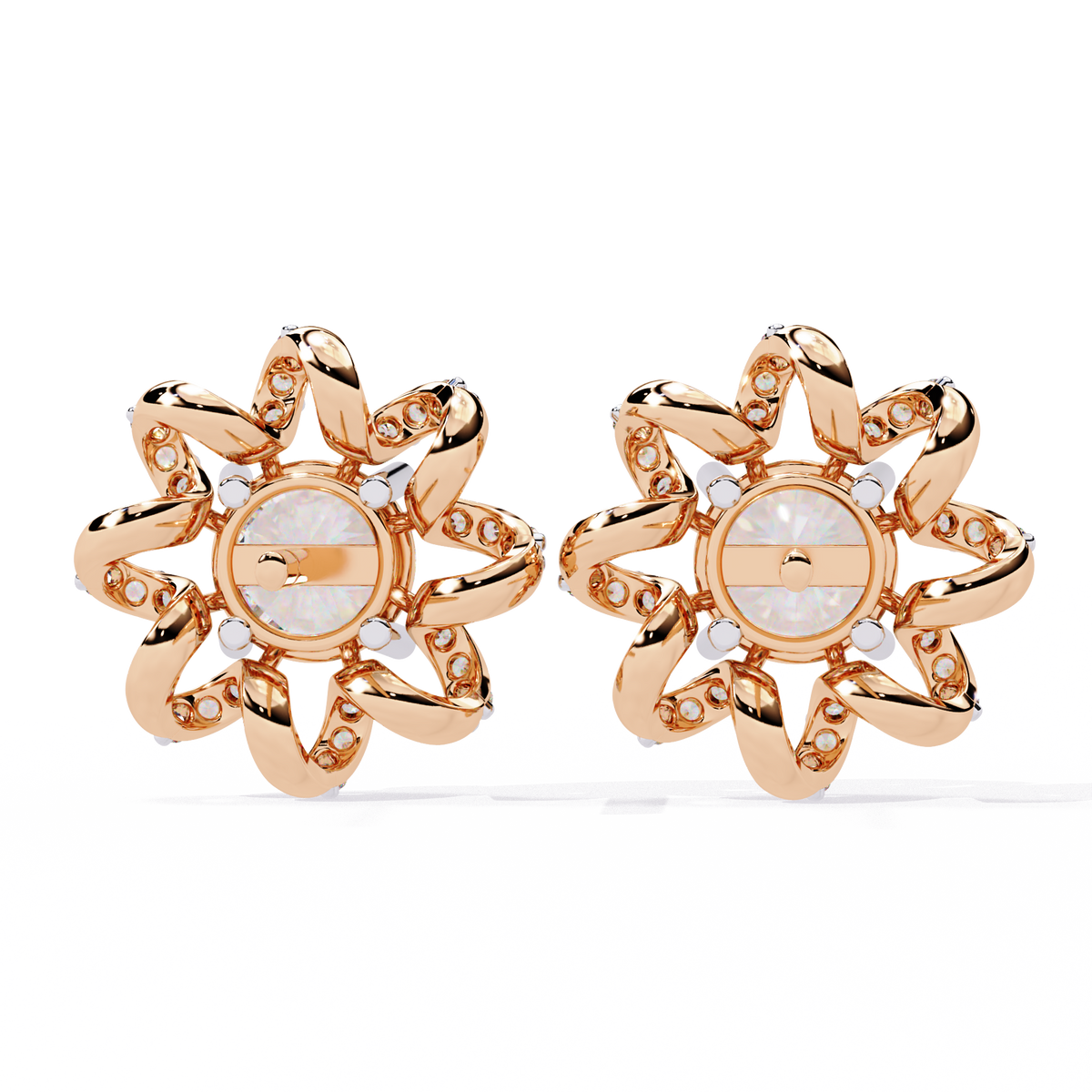 Elegant Floral Halo Stud Moissanite Earrings Featuring Round Cut Center Stones and Pave Crystal Petals - View 8