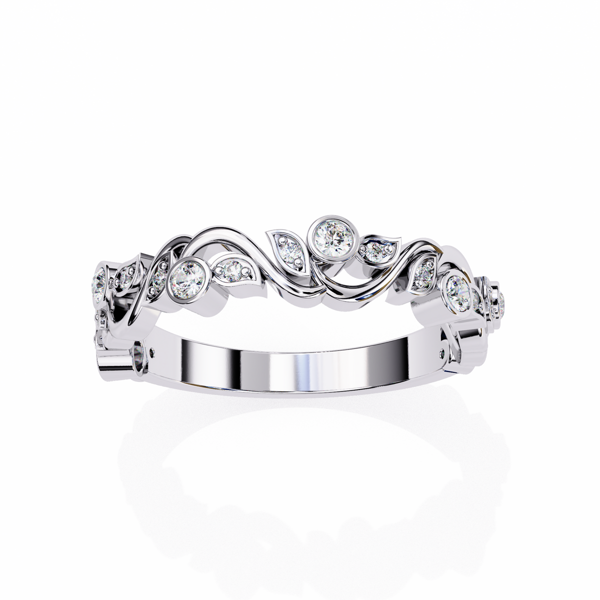 Round Moissanite Diamond Bezel Set Diamond Vine Design Band - View 10