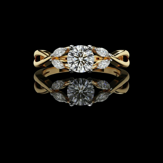 Twisted Band Round Moissanite Diamond Wedding Ring With Marquise Sidestone