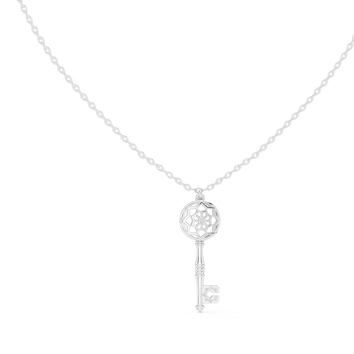 Intricate Filigree Key Solitaire Pendant With Round Moissanite Diamond - View 3