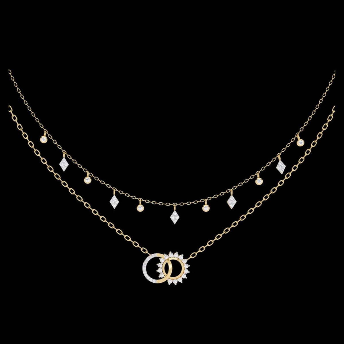 Interlocking Circle Lab Grown Diamond Necklace with Double Layered Chain Design