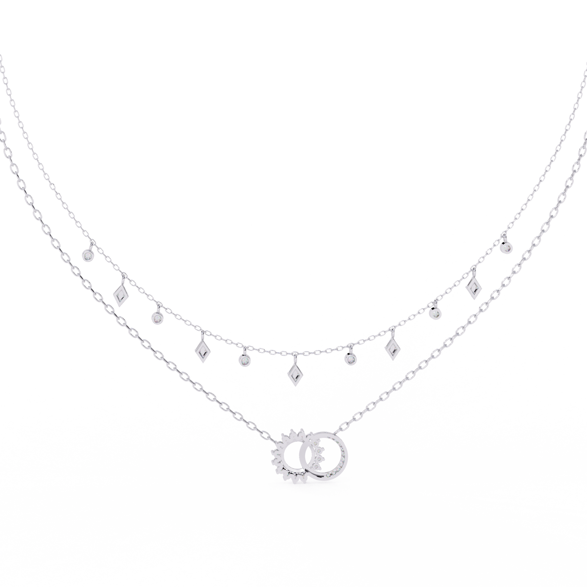 Interlocking Circle Lab Grown Diamond Necklace with Double Layered Chain Design - View 7