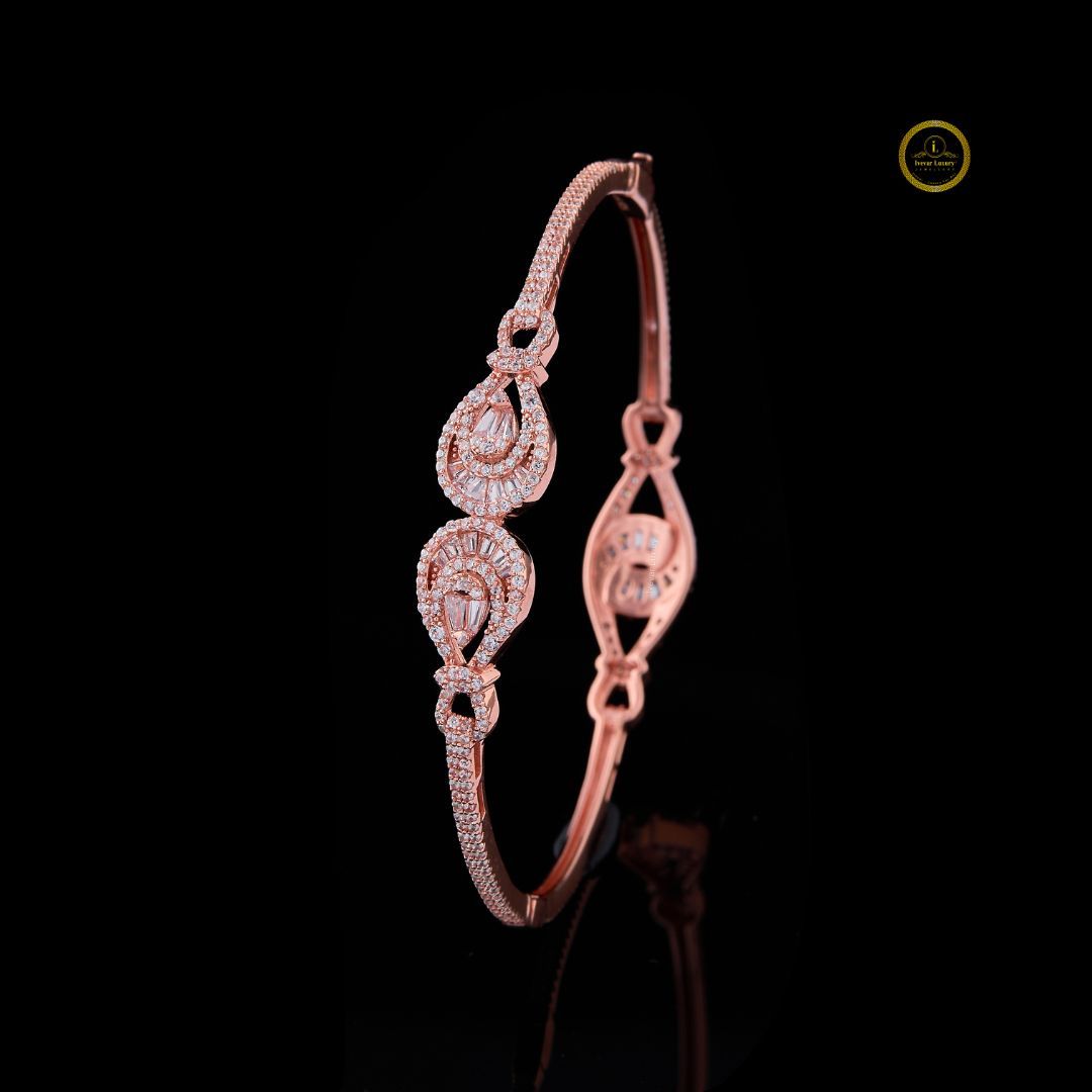 Round Cut Moissanite Diamond Open Bangle Bracelet with Pear Halo - View 4