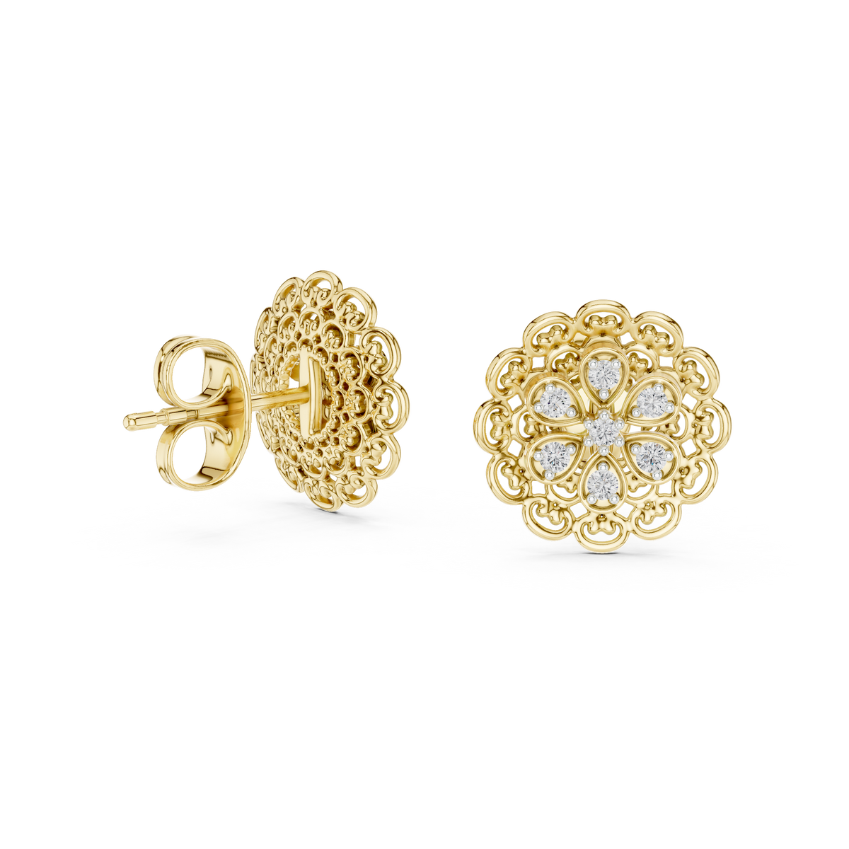 Royal Bloom Floral Stud Earrings Finish with Round Moissanite Diamonds - View 2