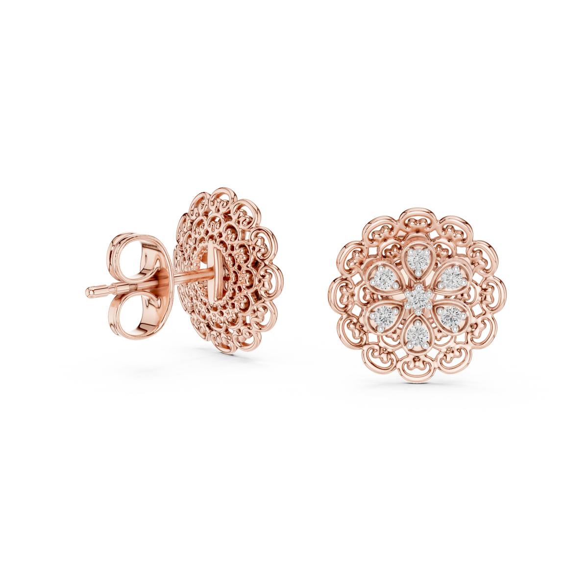 Royal Bloom Floral Stud Earrings Finish with Round Moissanite Diamonds - View 3
