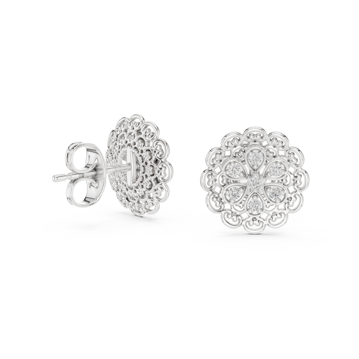 Royal Bloom Floral Stud Earrings Finish with Round Lab Grown Diamonds - View 4