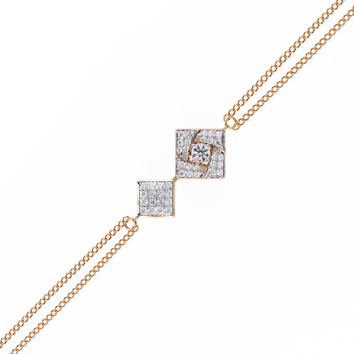 Round Cut Lab Diamond Geometric Square Double Chain Bracelet - View 6