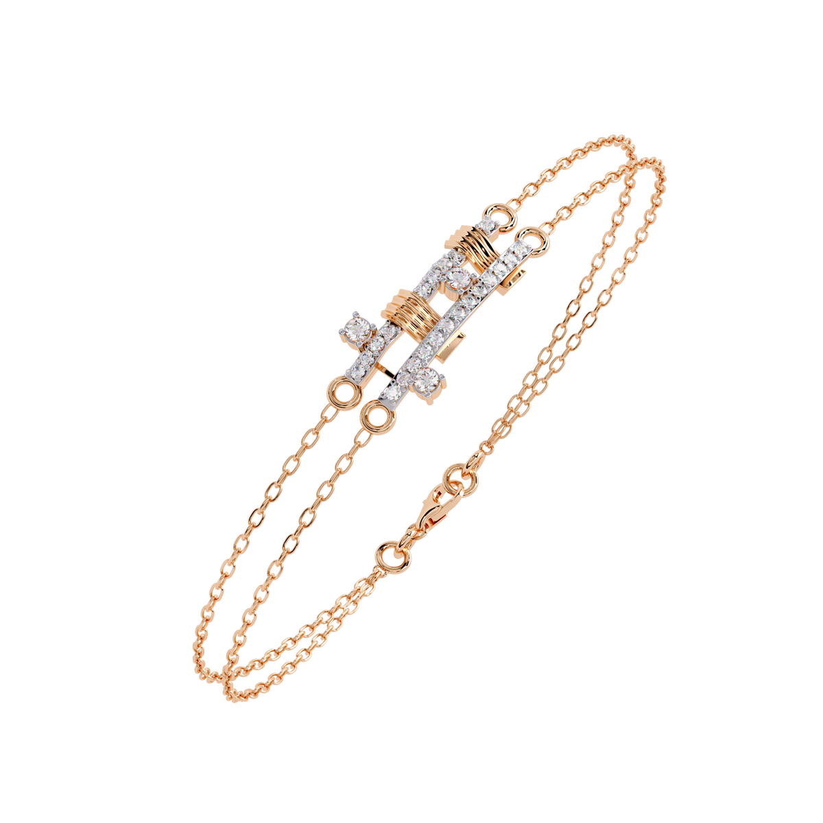 Round Moissanite Diamond Double Layered Bracelet with Studded Geometric Motif - View 3