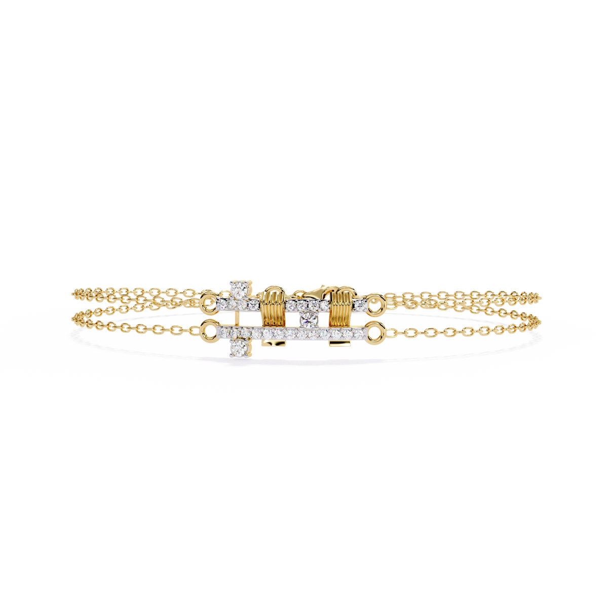 Round Moissanite Diamond Double Layered Bracelet with Studded Geometric Motif - View 8