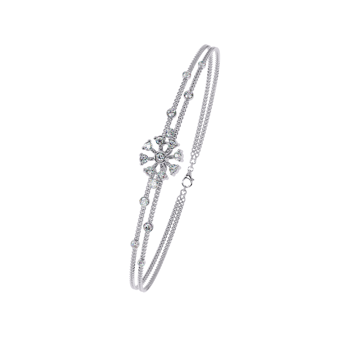 Round Moissanite Diamond Double Strand Bangle Bracelet with Floral Center - View 4