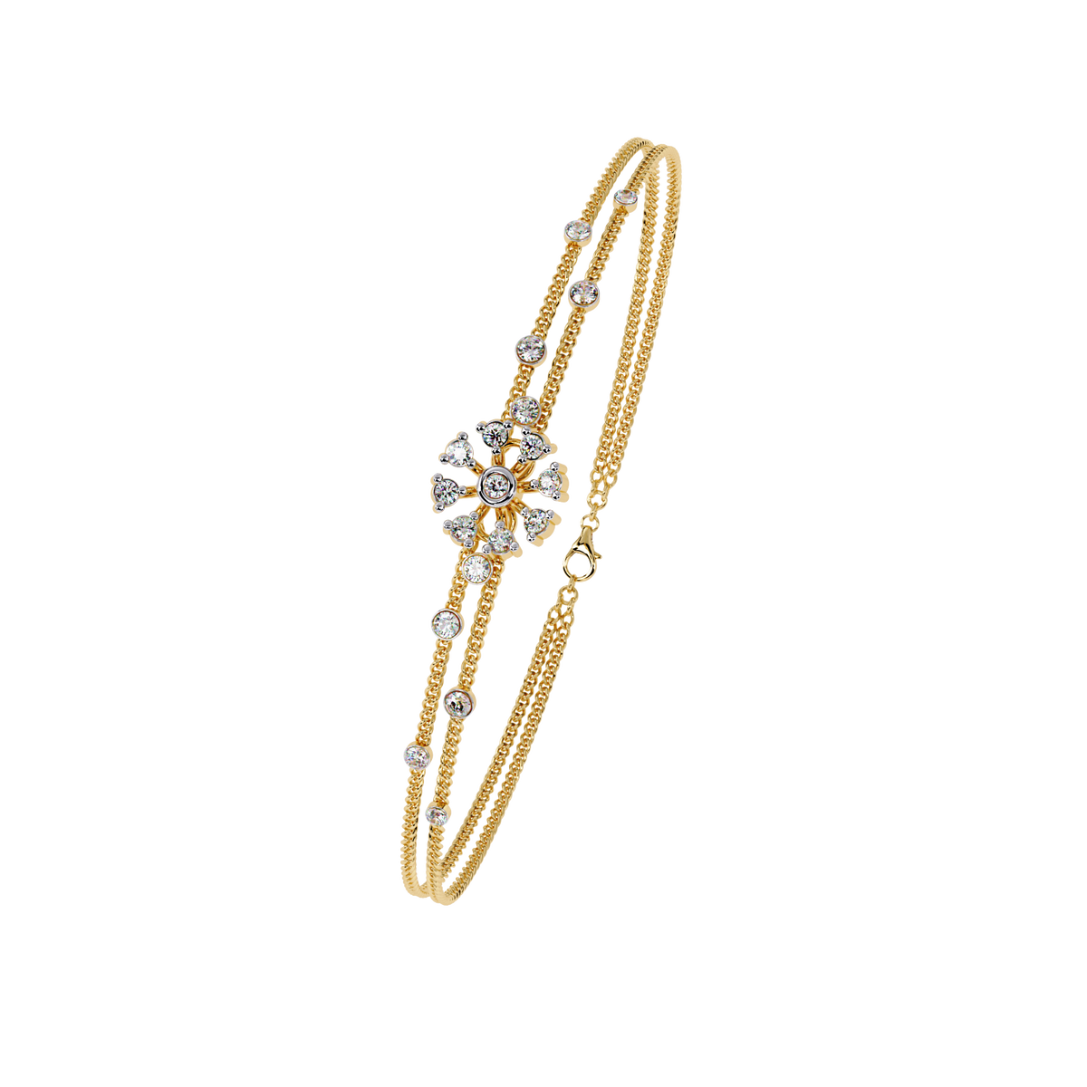 Round Moissanite Diamond Double Strand Bangle Bracelet with Floral Center - View 2