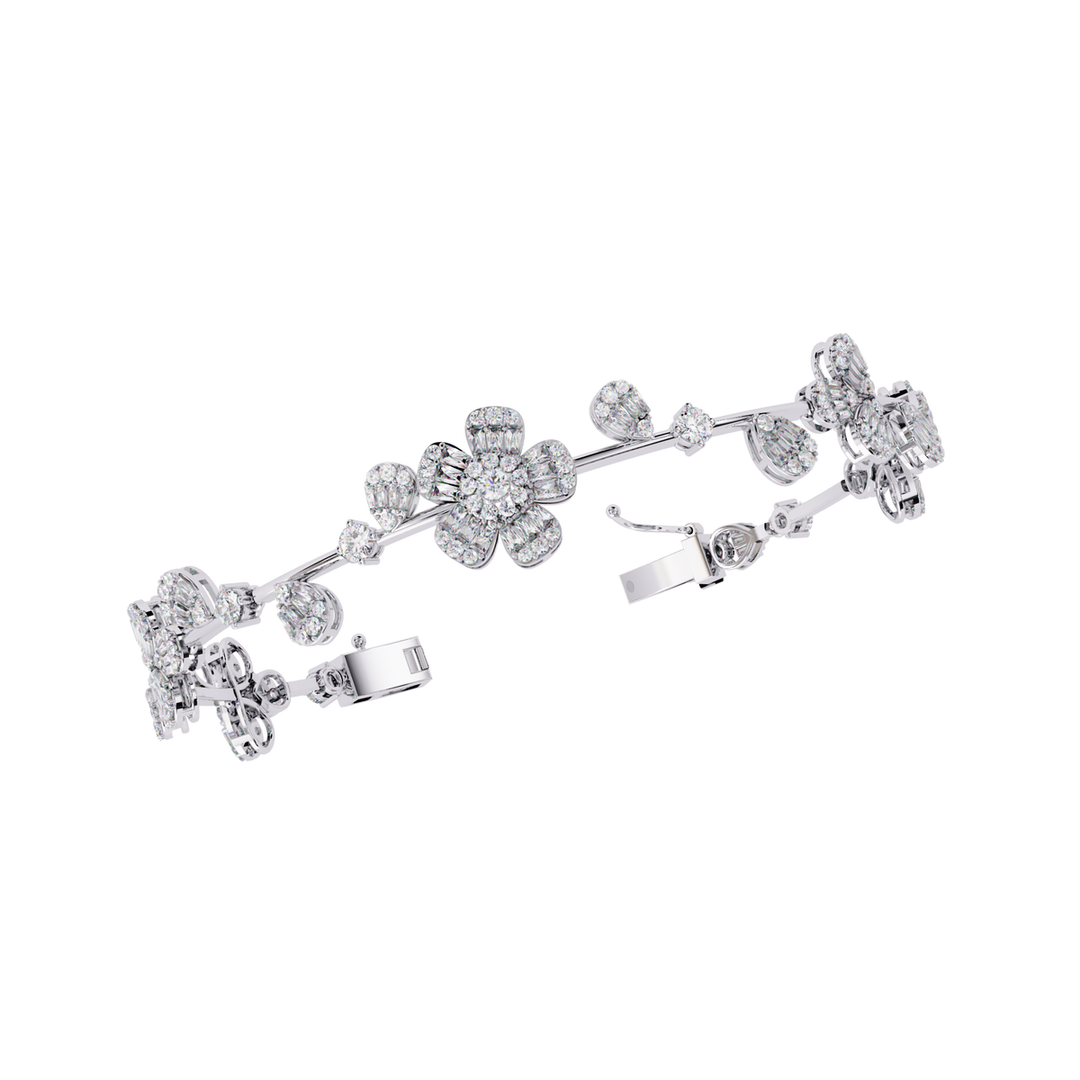 Baguette & Round Cut Moissanite Diamond Floral Clustered Petal Bracelet - View 4