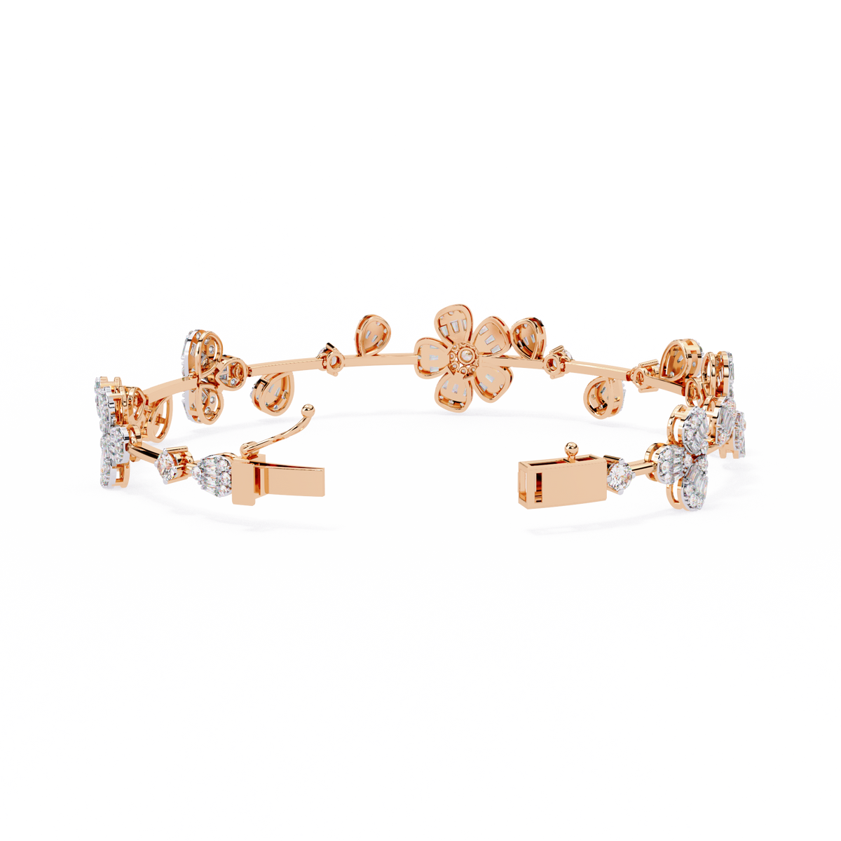 Baguette & Round Cut Moissanite Diamond Floral Clustered Petal Bracelet - View 6