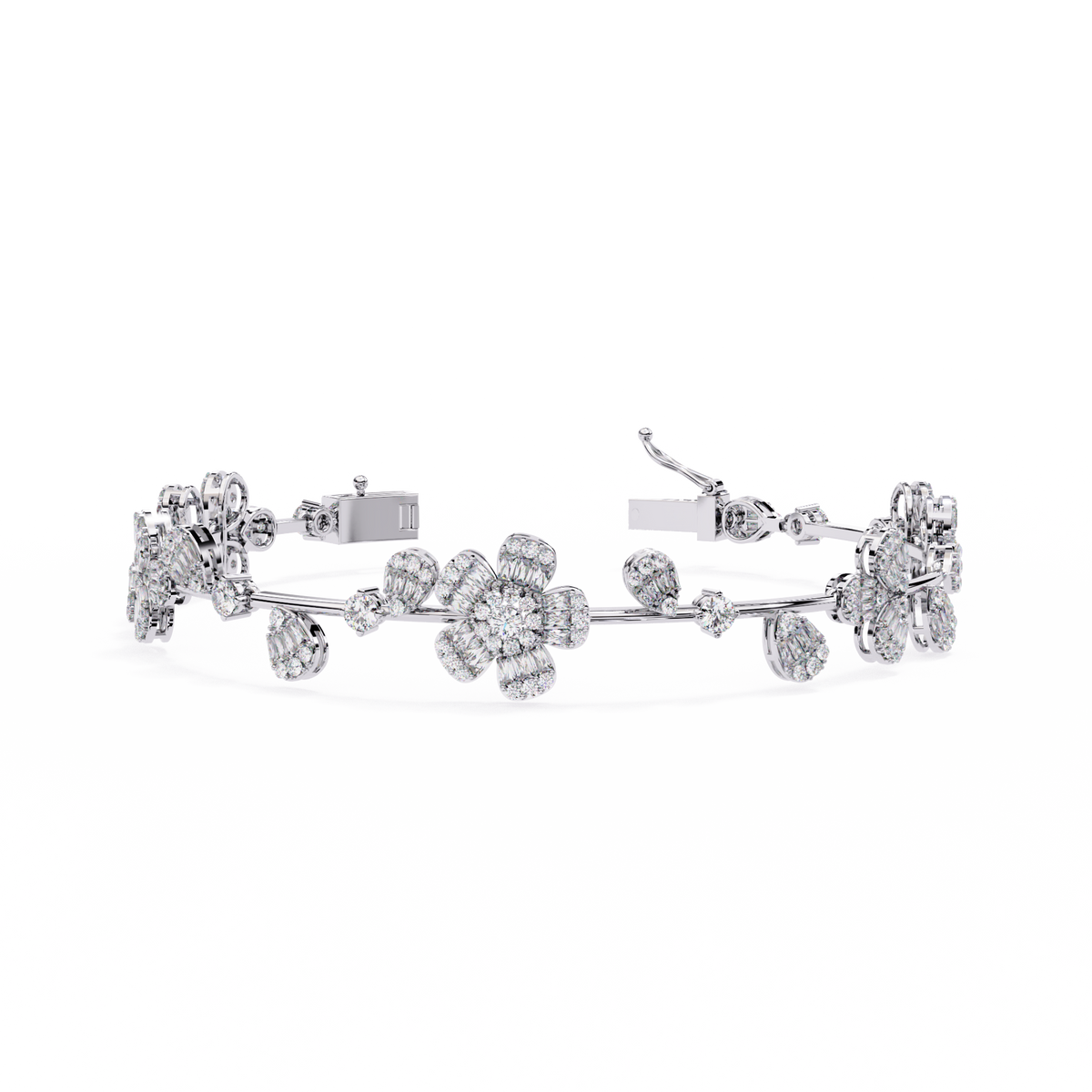 Baguette & Round Cut Moissanite Diamond Floral Clustered Petal Bracelet - View 10