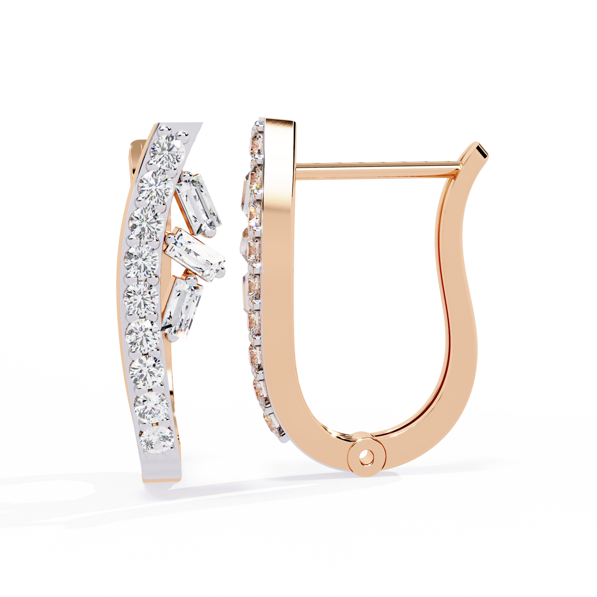 Sparkling Moissanite Diamond Studs Baguette and Round Diamond Curved Hoop Earrings - View 5