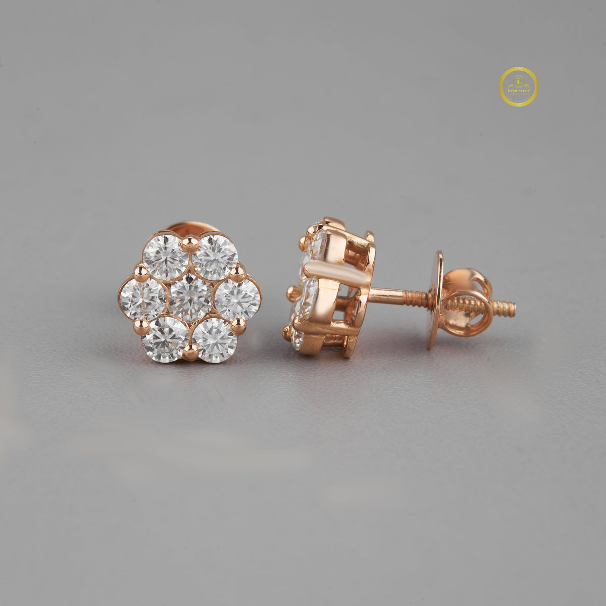 Luxury Rose Gold Floral Cluster Stud Moissanite Earrings Featuring Brilliant Round Multi Stone Design - View 3