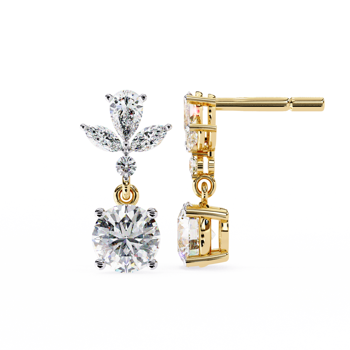 Elegant Pear and Marquise Cut Floral Cluster Drop Moissanite Earrings with Round Solitaire Dangles - View 5