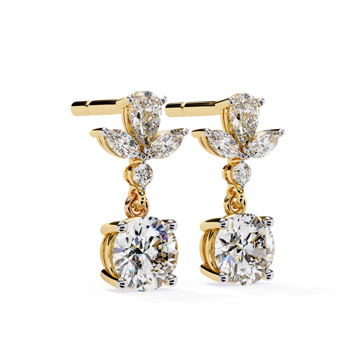 Elegant Pear and Marquise Cut Floral Cluster Drop Moissanite Earrings with Round Solitaire Dangles - View 2