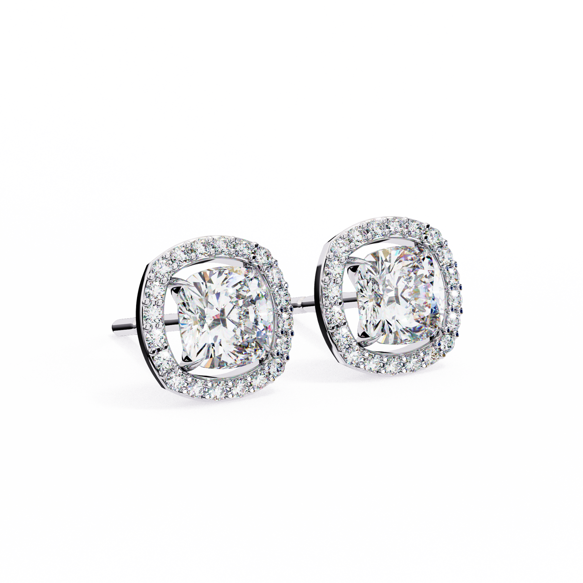 Exquisite Moissanite Cushion Halo Stud Earrings Featuring Round Brilliant Center Stones - View 4