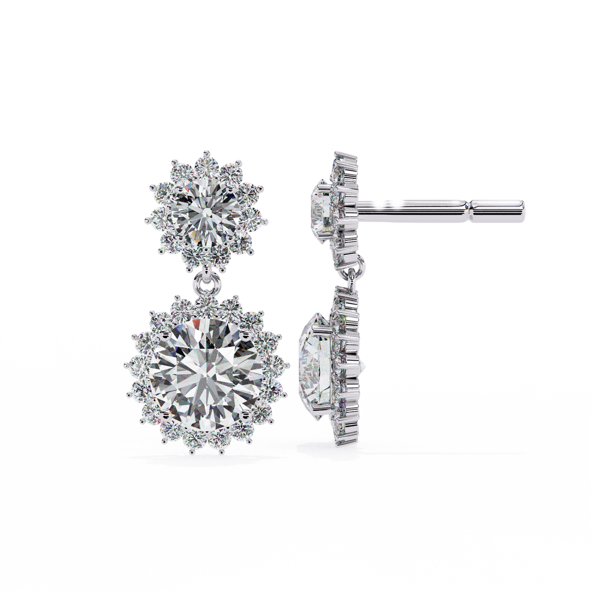 Sunburst Floral Halo Round Brilliant Moissanite Diamond Drop Earring - View 4