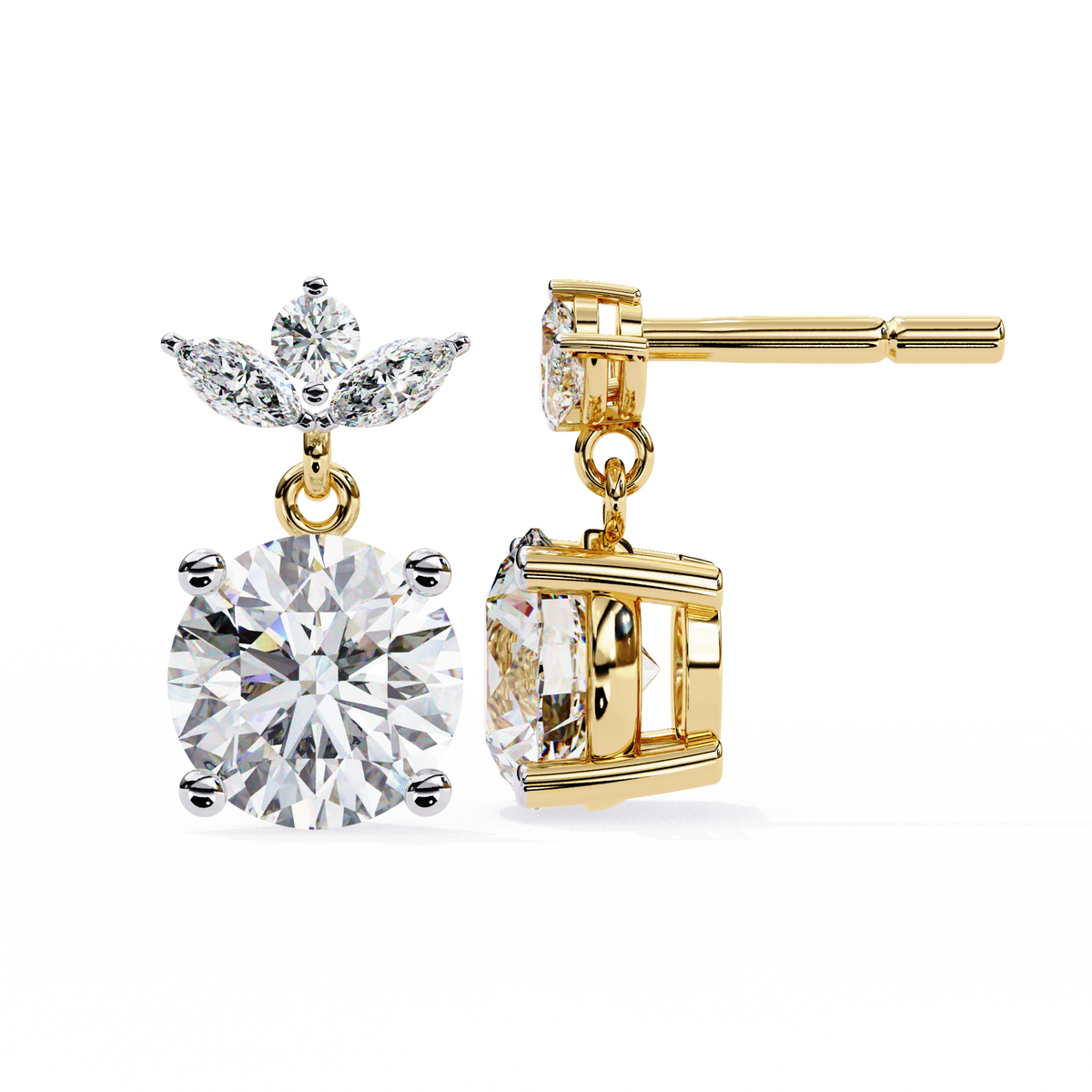 Luxury Round Cut Lab Grown Diamond Drop Earrings with Marquise Cut Crystal Floral Top Cluster - View 5